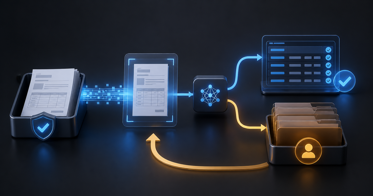 A text-free workflow illustration showing invoice intake, AI extraction, automatic routing, human review, and a correction loop